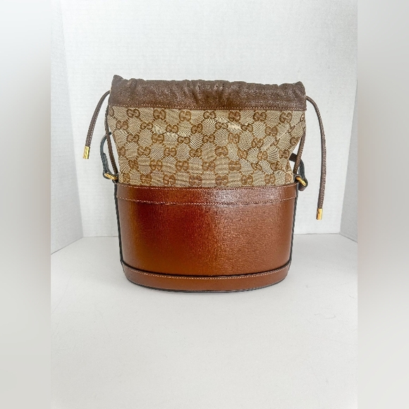 GUCCI Monogram Textured Calf skin Horsebit1955 Drawstring Bucket Bag Beige Brown - Picture 6 of 11